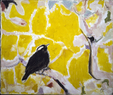 黒の鳥 黄色の花 画像