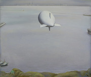 飛行船の浮ぶ港の風景 画像