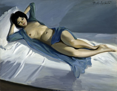 青いネグリジェの裸婦 画像