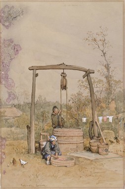 井戸端で洗濯する婦人図 画像