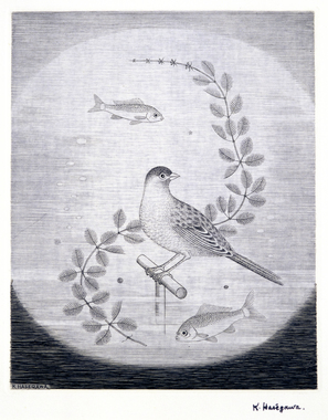 アカリョムの中の小鳥（版画集『長谷川潔の肖像』扉）［背景水色刷り］ 画像