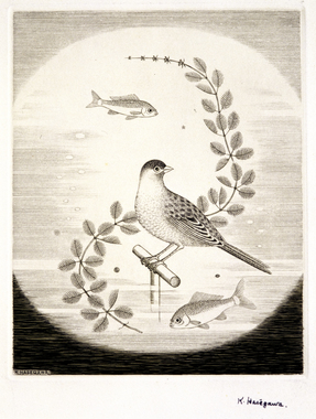 アカリョムの中の小鳥（版画集『長谷川潔の肖像』扉）［白用紙］ 画像