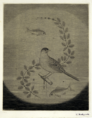アカリョムの中の小鳥（版画集『長谷川潔の肖像』扉）［背景緑灰色刷り］