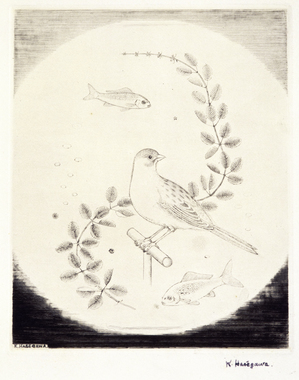 アカリョムの中の小鳥（版画集『長谷川潔の肖像』扉）［初期ステート］ 画像