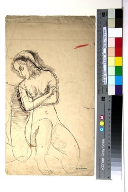 腕を組んで座る裸婦 画像