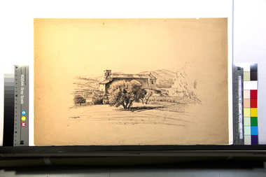 《オーバーニュ風景（教会とオリーブの木）》の画稿