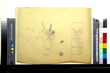 《窓辺の花瓶》の画稿、窓越しの潅木