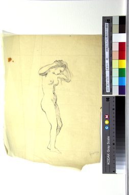 両腕をあげる横向きの裸婦 画像