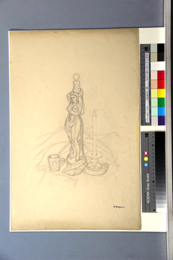 女性小像の瓶のある静物